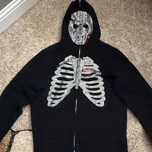 Black Jason mask Full zip Rhinestone Hoodie